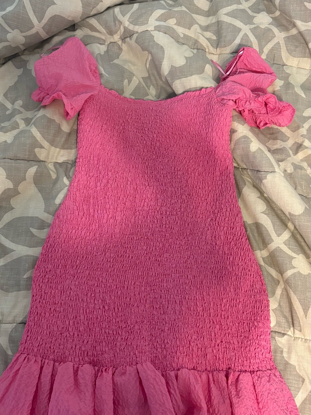 Zara Hot Pink Smocked Knit Dress with Puff Sleeves